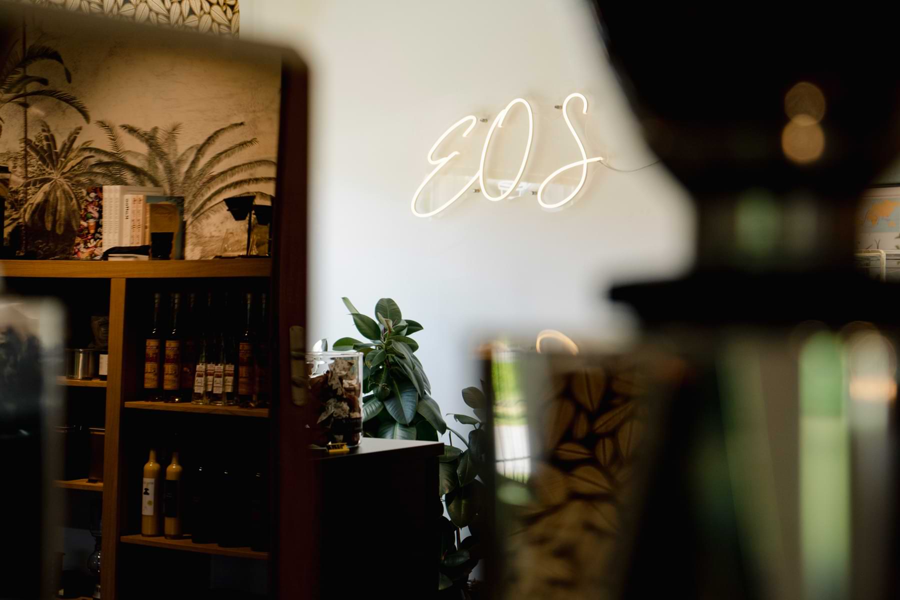 Regal mit Büchern und Pflanzen vor Wand mit leuchtendem Schriftzug 'EOS'