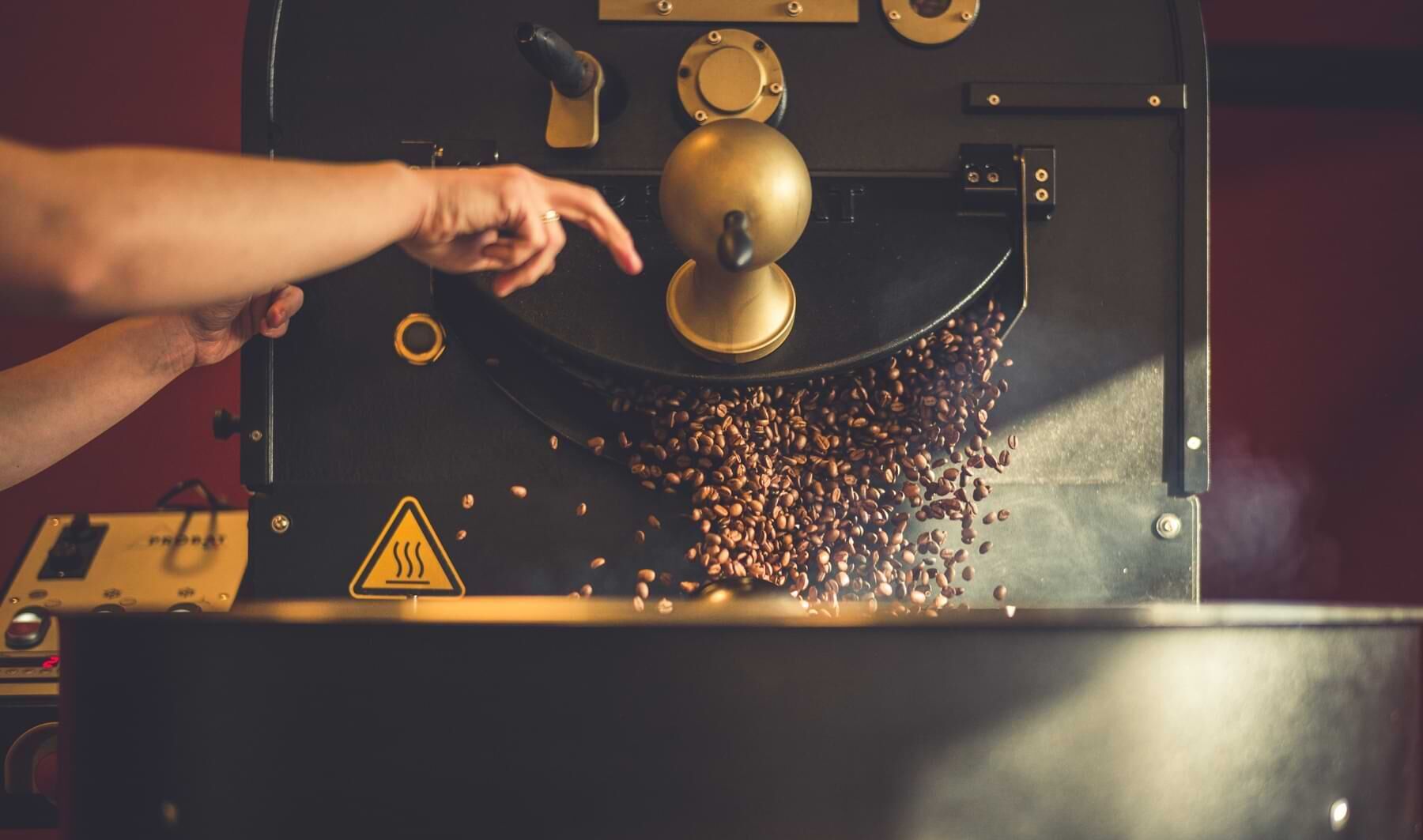 Person gießt grüne Kaffeebohnen aus einem Metallbehälter in eine große runde Rösttrommel